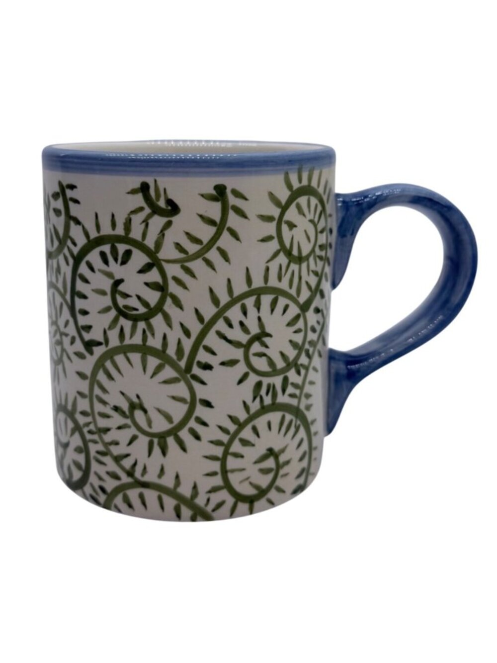 Pottery Barn Allegra Mug Green Swirl Blue Handle 4" Thailand Discontinued
